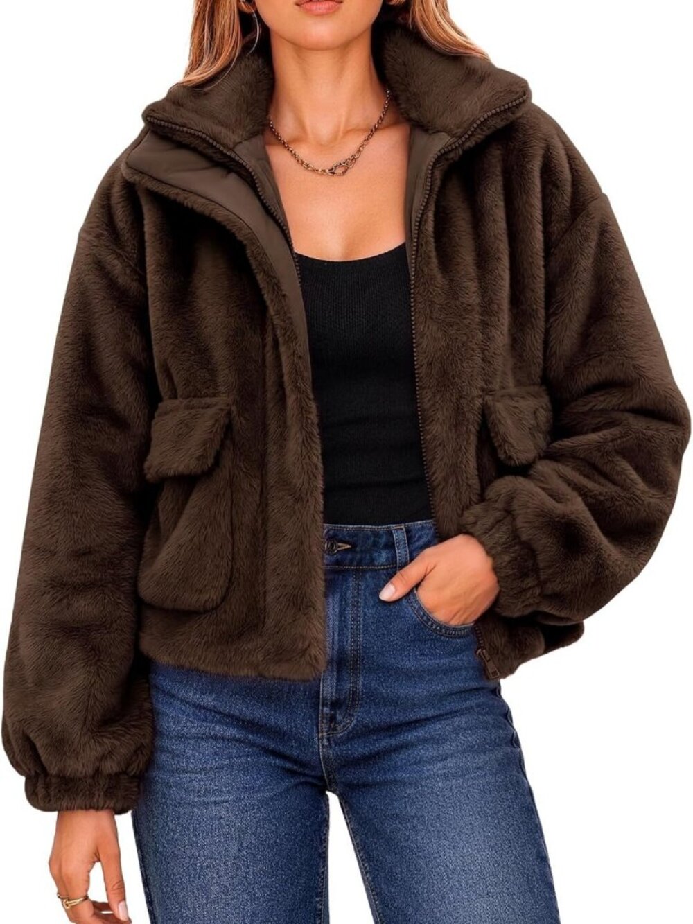 Cozy Women's Cropped Faux Fur Coat - Warm, Fuzzy Zip-Up Winter Jacket